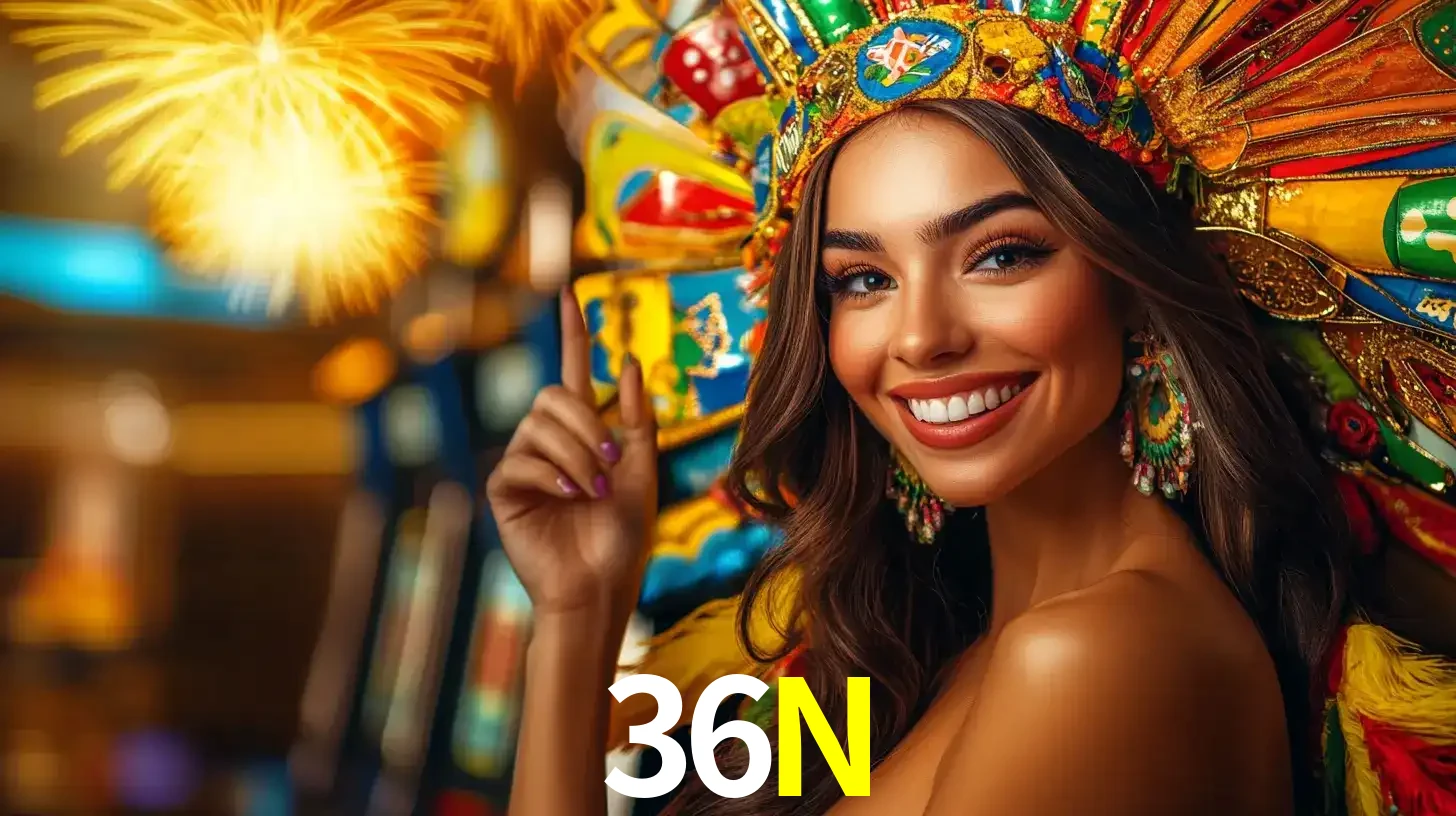 Mulher sorridente com um cocar de carnaval vibrante e colorido, celebrando uma grande vitória nos jogos do cassino 36N com fogos de artifício ao fundo.