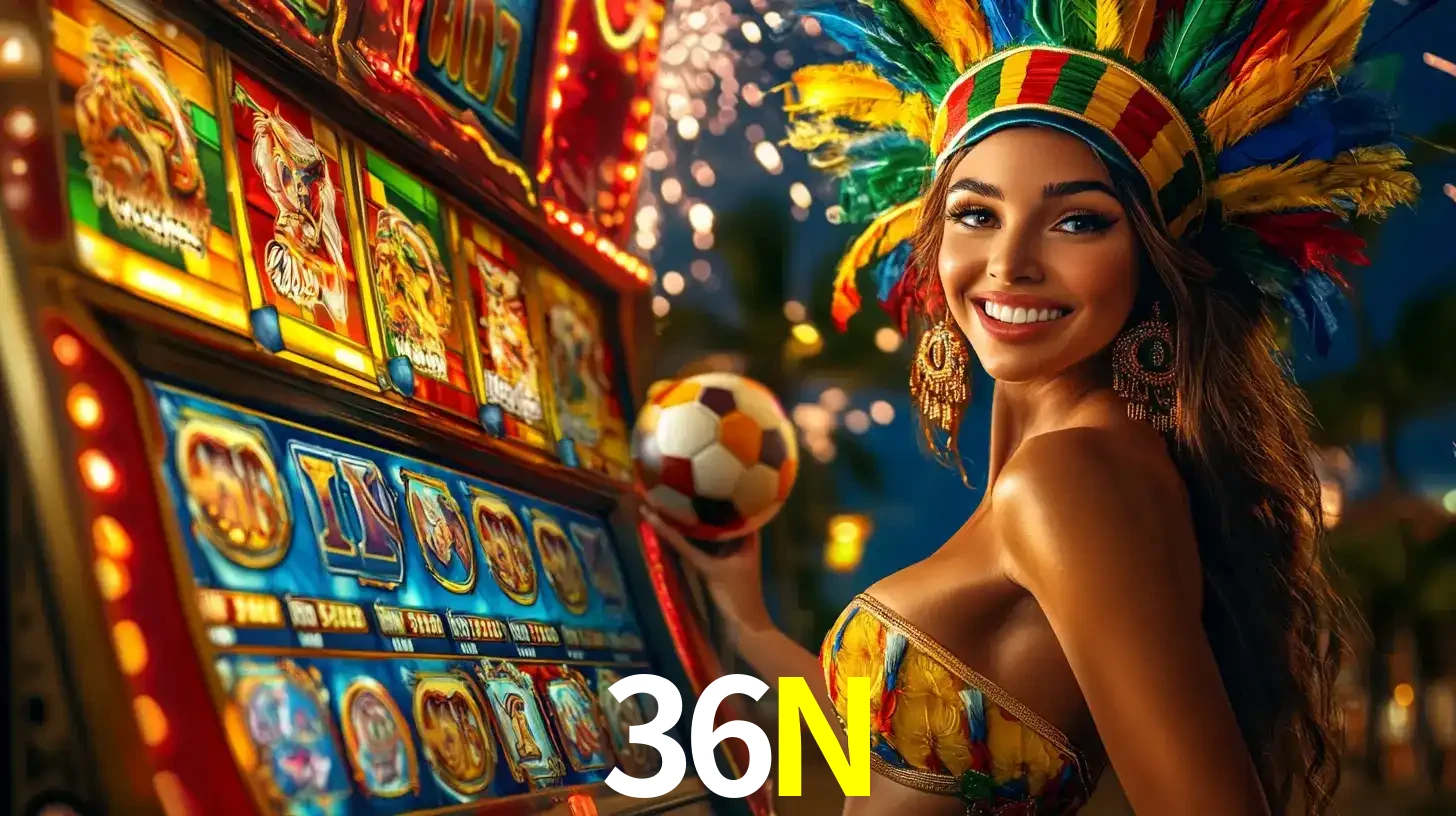 Mulher com um cocar de carnaval ao lado de uma máquina de caça-níqueis enquanto segura uma bola de futebol, mostrando a união da diversão de cassino e esportes no 36N.