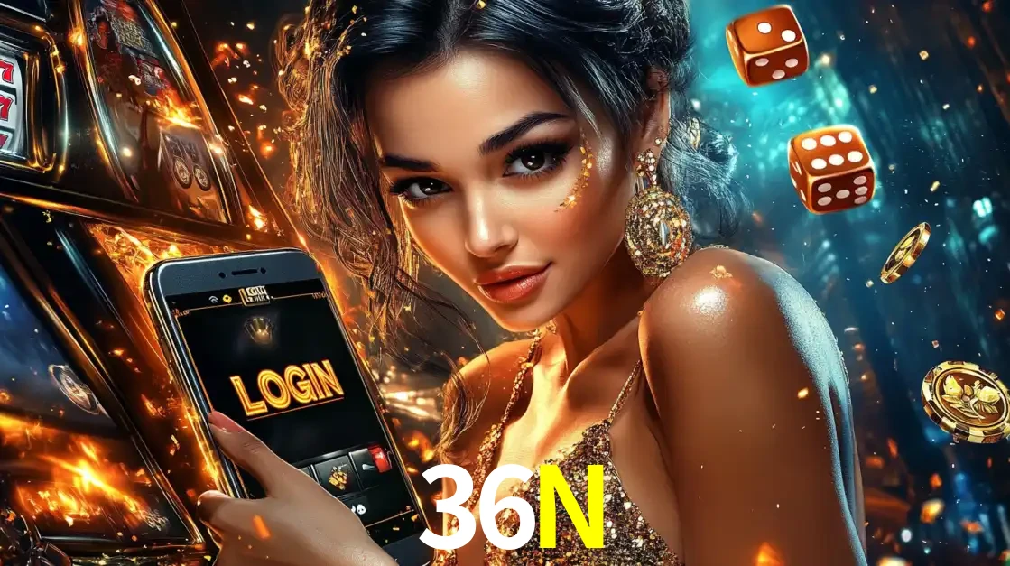 Mulher glamourosa segurando um celular com a tela de login do cassino 36N, rodeada por dados e moedas douradas, pronta para começar a diversão.