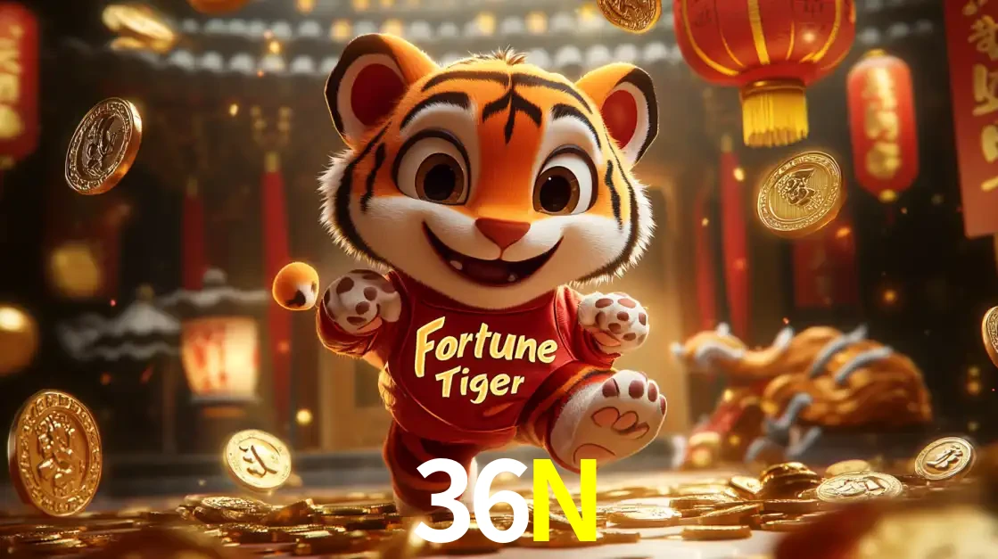 O alegre personagem do Fortune Tiger correndo sobre um caminho de moedas de ouro, simbolizando os grandes prêmios e a diversão do popular jogo de slot do 36N.