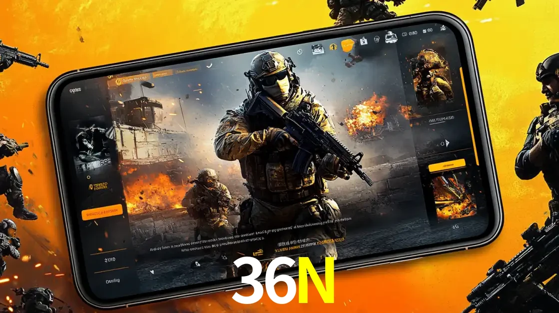 Um smartphone exibindo a interface de um jogo de tiro em primeira pessoa, com um soldado em um cenário de batalha, representando a ação dos e-sports para apostar no 36N.