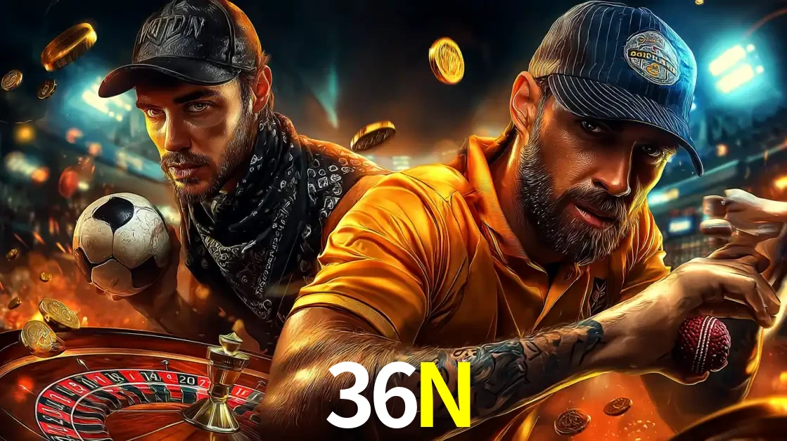 Montagem de apostas esportivas e cassino no 36N, com um homem segurando uma bola de futebol e outro uma de beisebol sobre uma roleta e moedas voadoras.