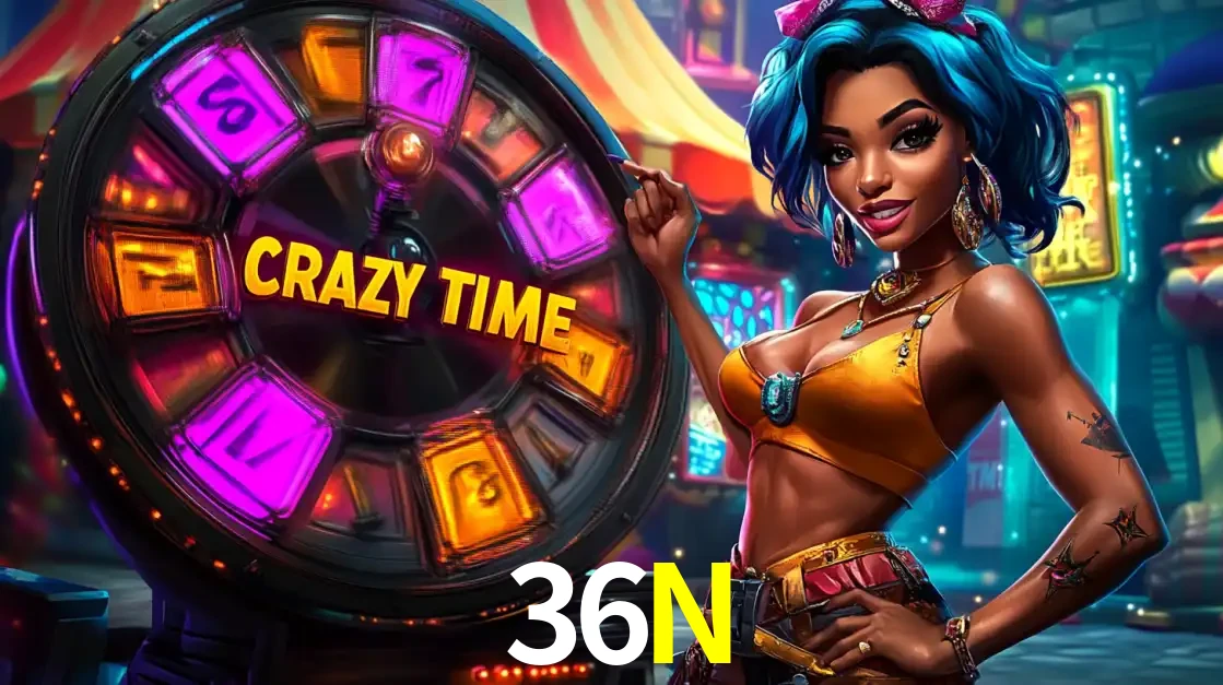 Mulher estilizada com cabelo azul e visual vibrante posando ao lado da roda de prêmios do game show Crazy Time, convidando para a diversão e os bônus do cassino 36N.