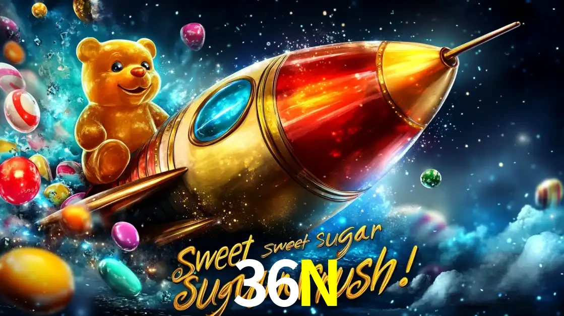 Arte promocional do jogo de slot Sugar Rush, com um urso de pelúcia em um foguete viajando pelo espaço de doces, um dos jogos divertidos disponíveis no cassino 36N.