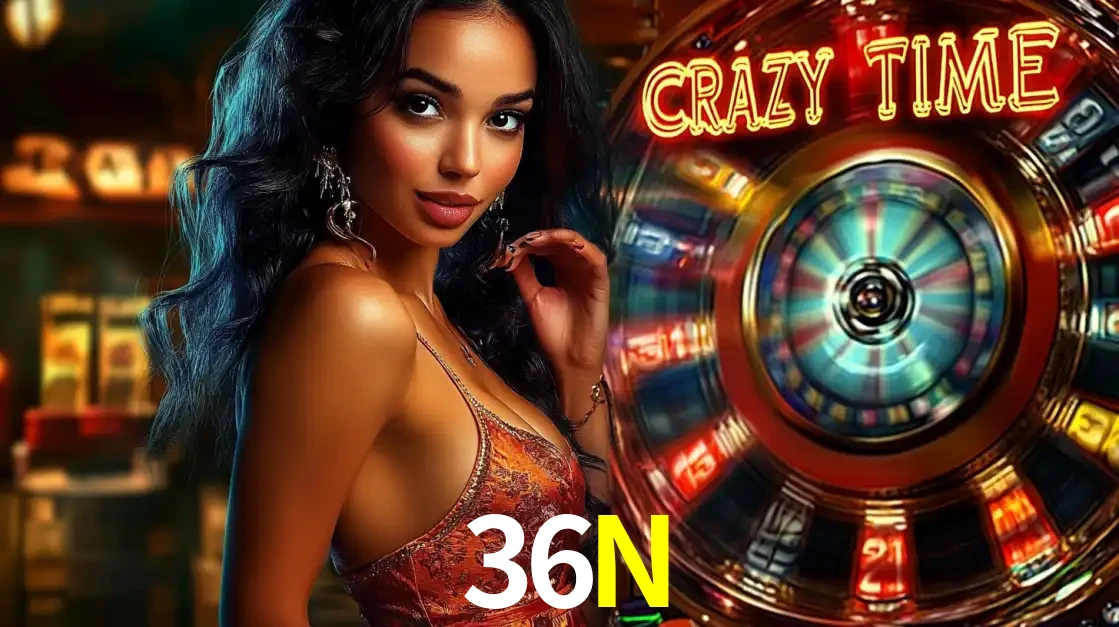 Mulher elegante ao lado da vibrante roda da fortuna do jogo de cassino ao vivo Crazy Time, um dos game shows mais populares e cheios de prêmios do 36N.
