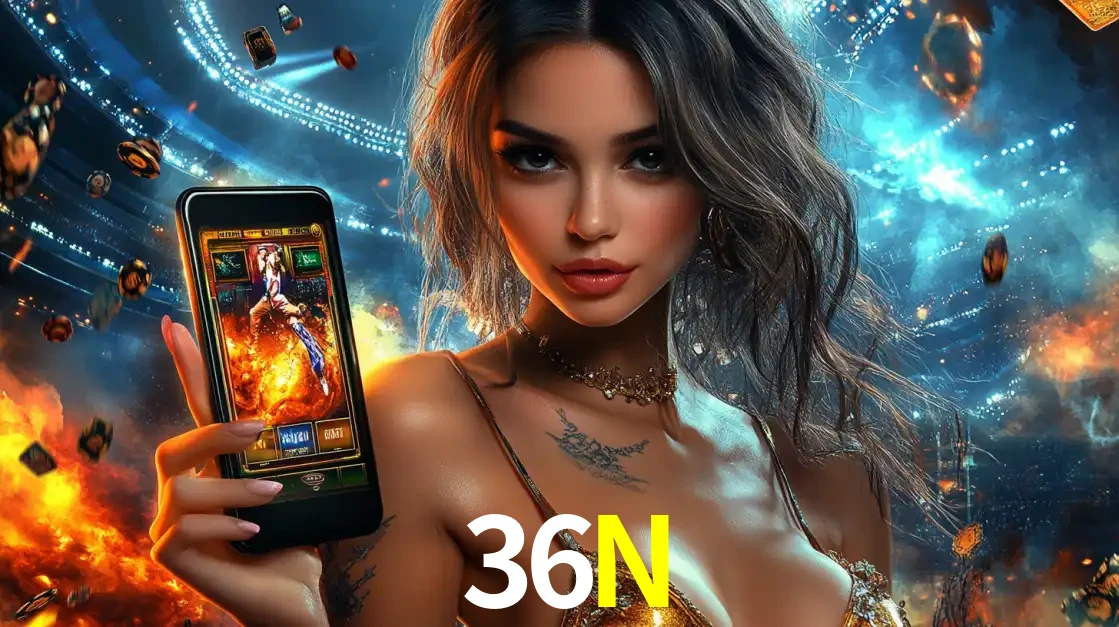 Mulher segurando um celular com um jogo de slot em destaque, tendo como fundo um estádio vibrante, simbolizando a emoção de jogar no cassino móvel 36N.
