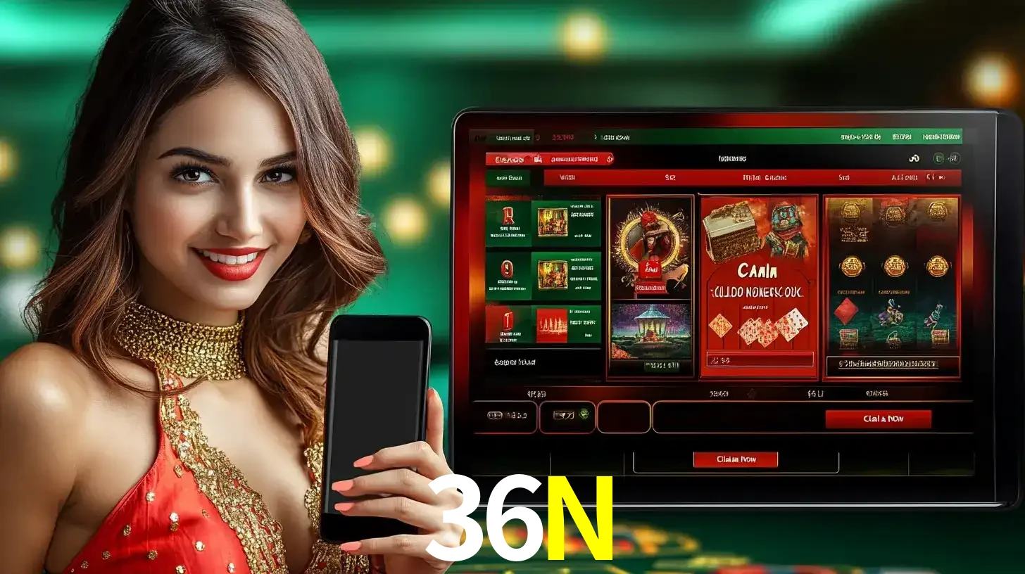 Mulher sorridente segurando um smartphone, ao lado de uma tela exibindo o lobby de jogos do cassino online 36N, com várias opções de jogos de cartas e slots.